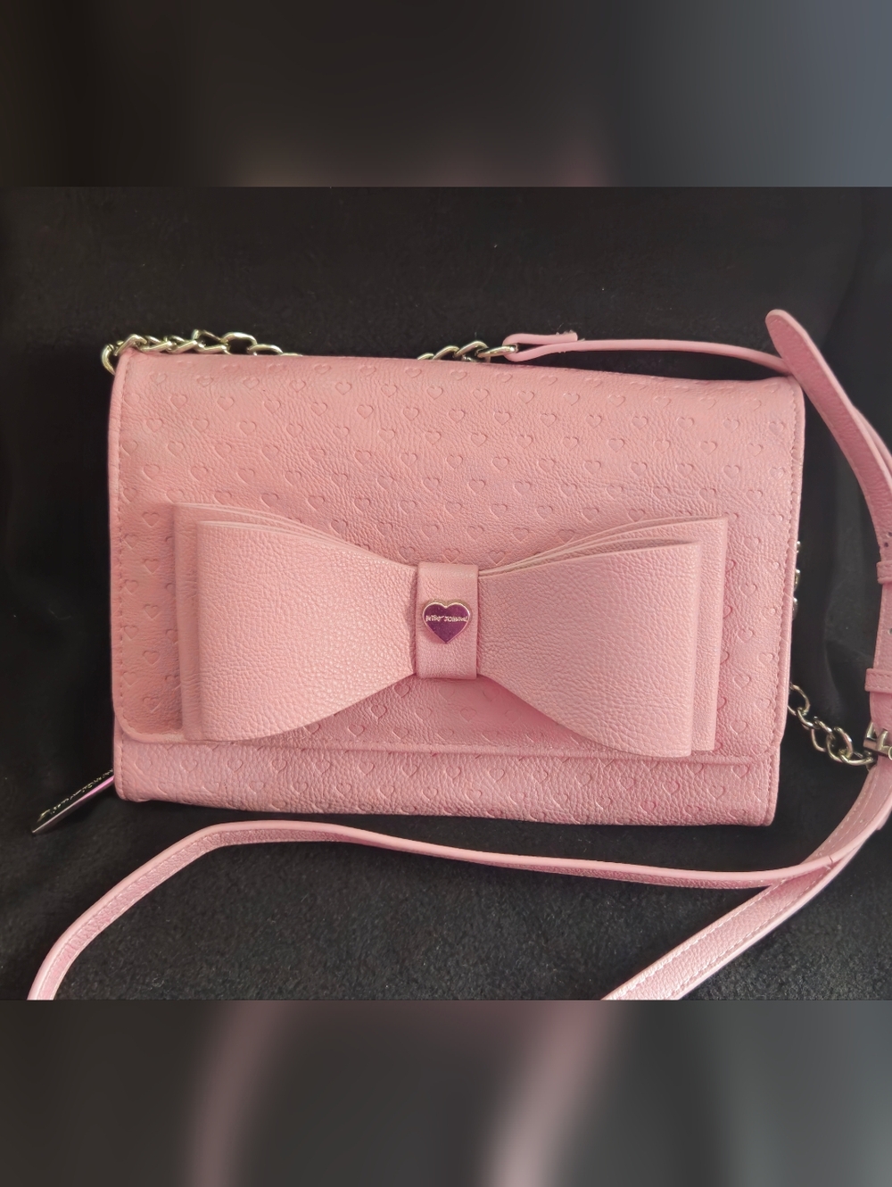 Betsey Johnson Pink Double Bow Crossbody Bag w/Silver Chain Acent Strap